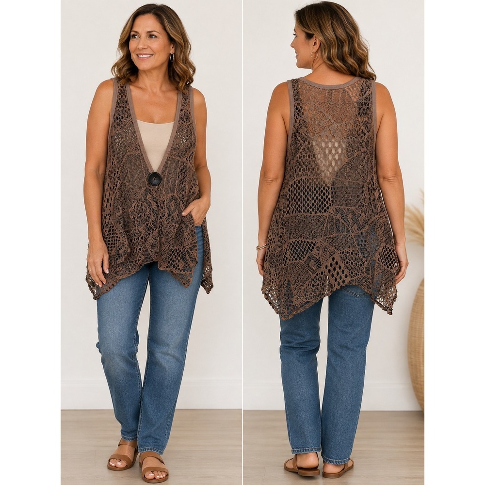 Y2K Brown Boho Crochet Flowy Tunic Top - SIZE S Festival Mermaidcore Fairy